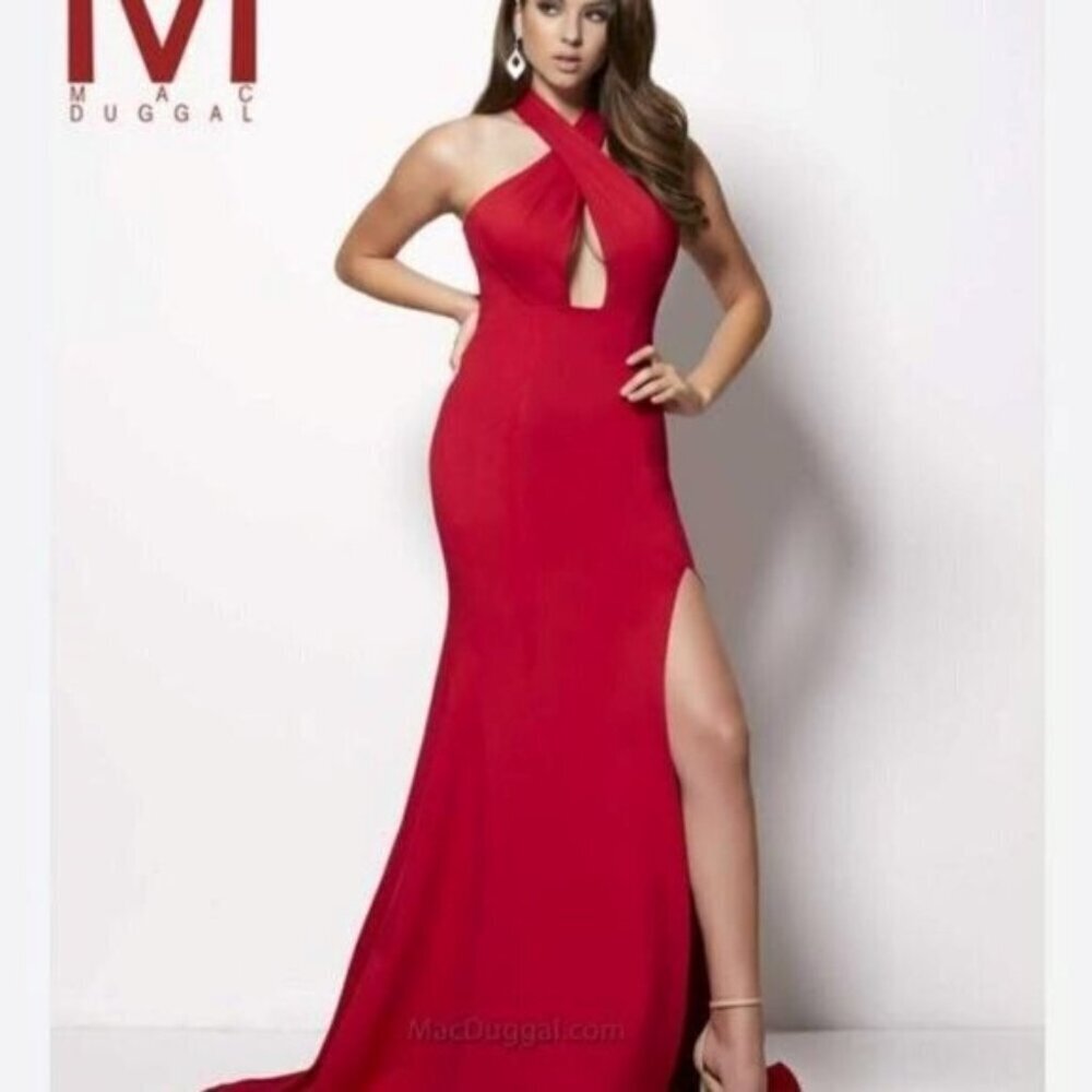 Mac Duggal Red Halter Prom Dress